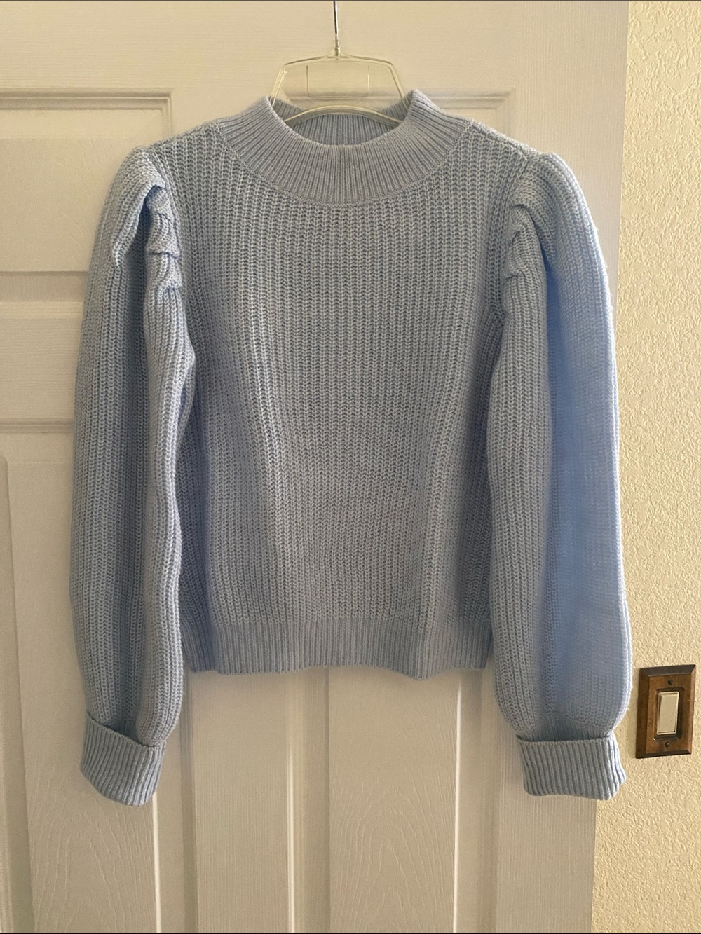 Women's Light Blue Puff Sleeve Cowlneck Sweater